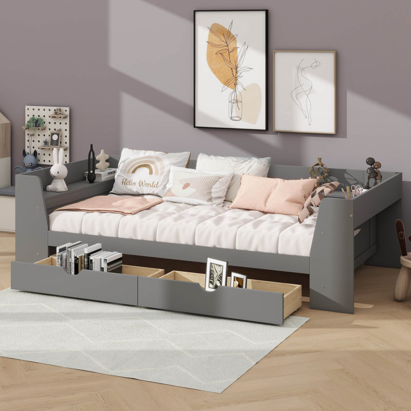 Lit de jour simple avec tablettes et tiroirs de rangement intégrés, Gris