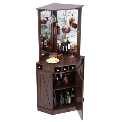 Armoire de bar d'angle de style industriel, table à vin pour verres à liqueur et verres à vin, armoire buffet avec porte-verre, armoire à café en bois de style campagnard autoportant pour le salon, bar maison, noyer noir