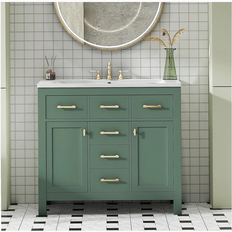 Ensemble de meuble-lavabo simple 36 po avec lavabo en céramique 36 po, armoire de salle de bain moderne autoportante avec 4 tiroirs et 2 armoires, meuble de rangement pour salle de bain, ensemble de meuble-lavabo avec cadre en bois massif, vert