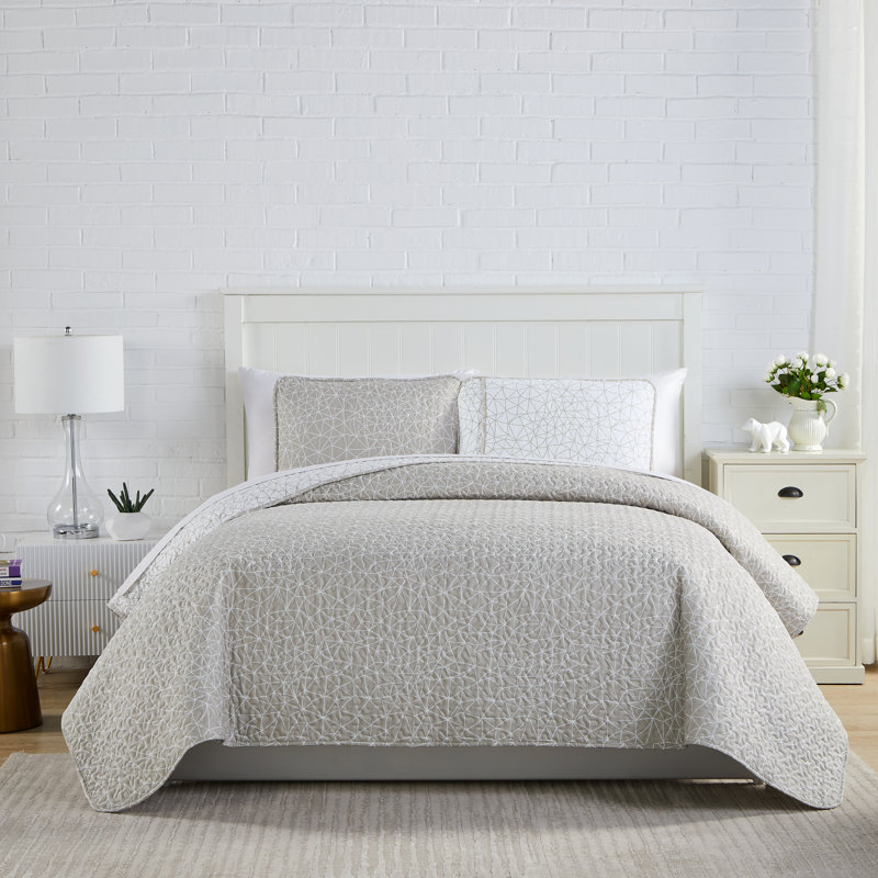 Geometric Maze Collection Microfiber Quilt Set, Taupe, Queen Quilt + 2 Standard Shams