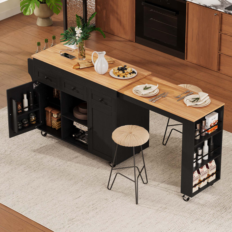 Îlot de cuisine 85,5 po avec table de salle à manger extensible, Noir