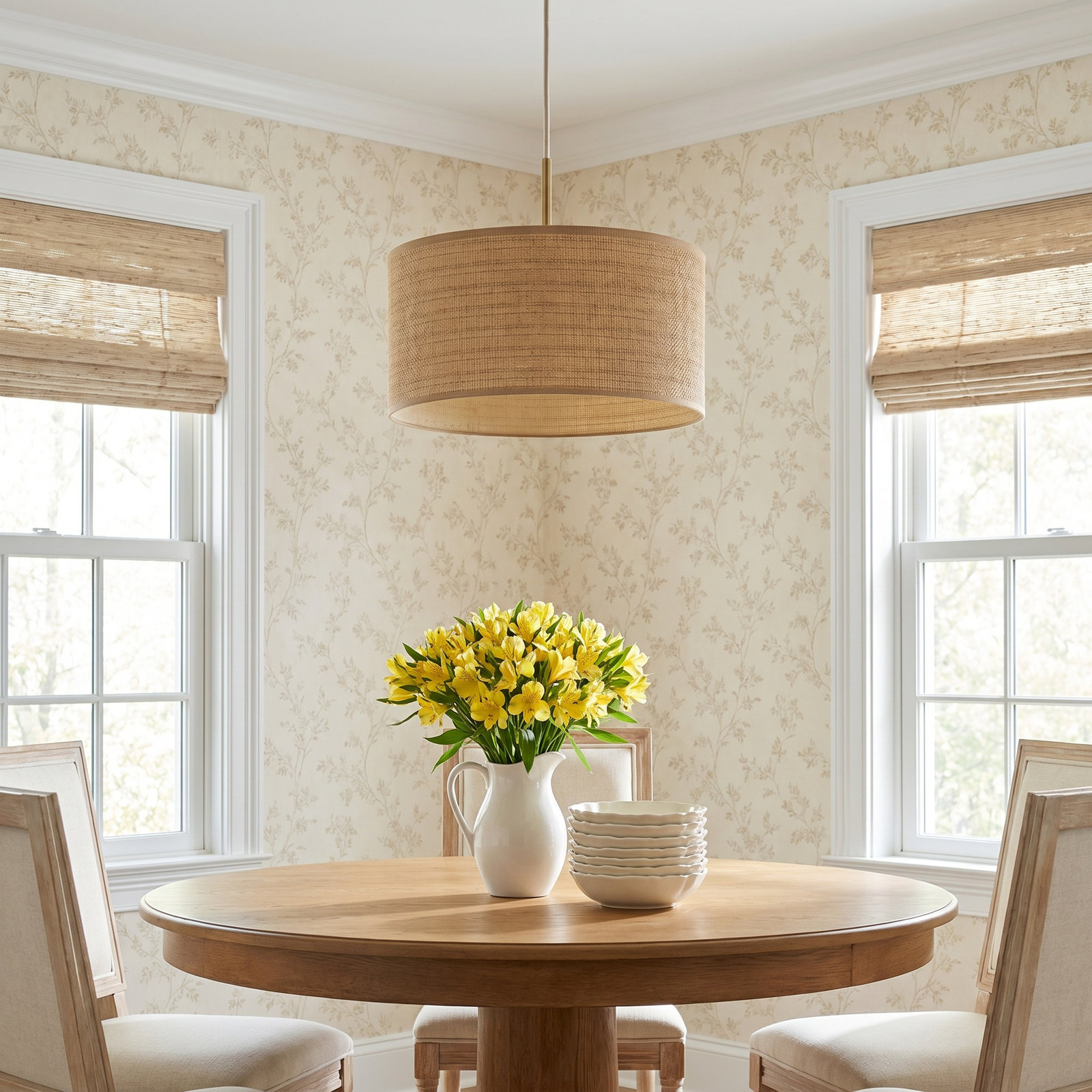Kinnear Single Light Pendant, Antique Brass, Natural/Beige Trim