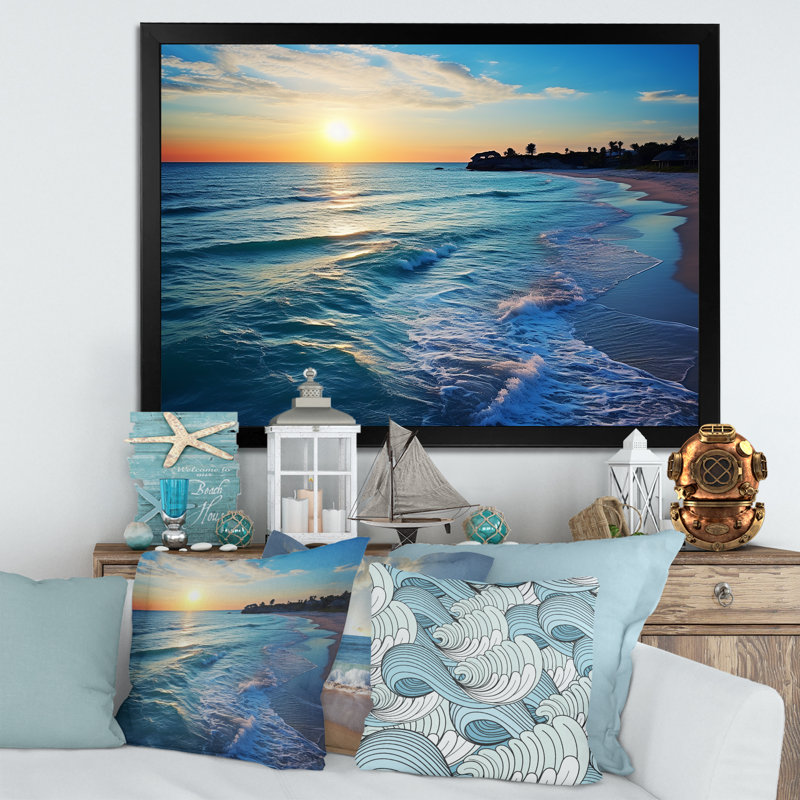 Tranquil Shores Sunset Beach Horizon V - Art mural plage, Cadre d'angle fermé noir, H 24 po x l 32 po x P 1 po