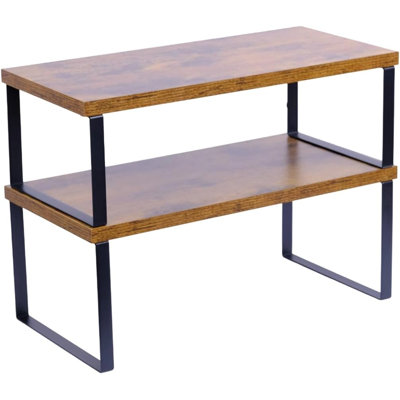 Sben Cabinet Organizer Shelf, Set of 2 Kitchen Counter Shelves, Kitchen Storage, Spice Rack, Stackable, Expandable, Metal and Engineered Wood, Ink Black and Rustic Brown