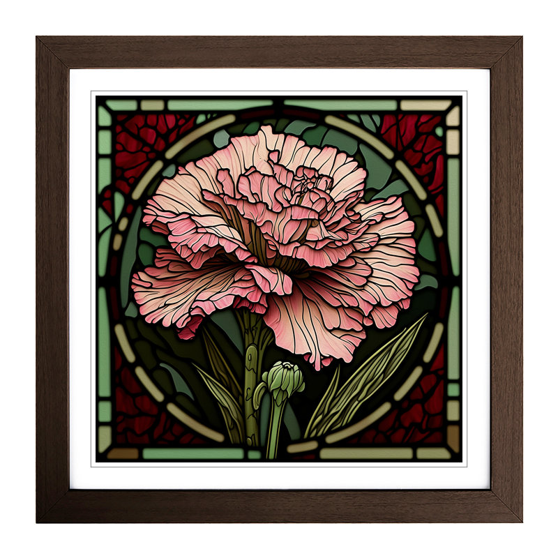 Carnation Flower Stained Glass Effect - Single Picture Frame Print on Wood, Walnut