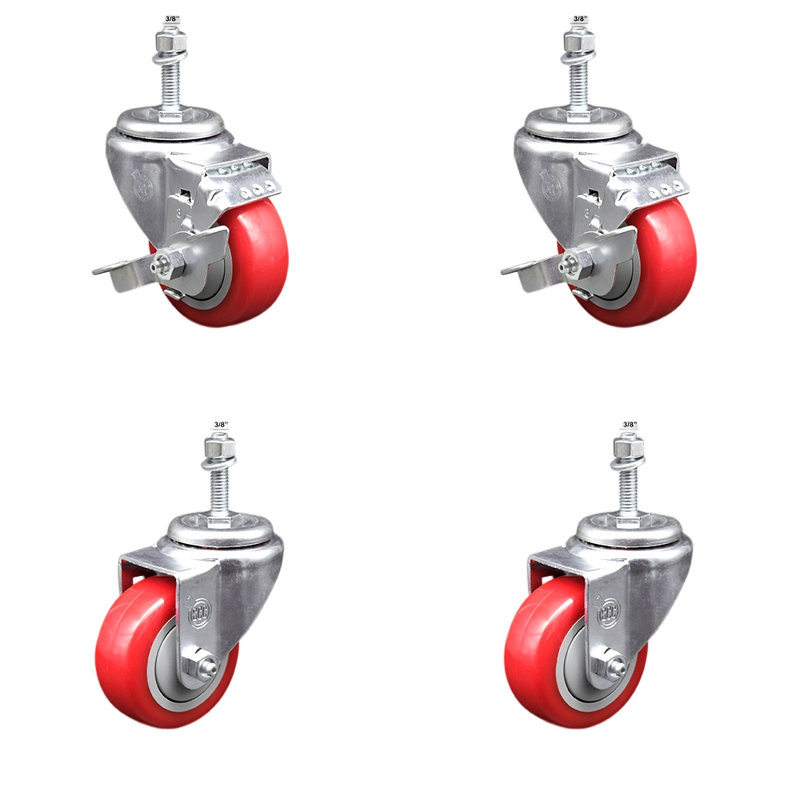 Ensemble de roulettes à tige filetée en polyuréthane pivotant rouge 3 pouces 3 3/8 pouces 2 freins