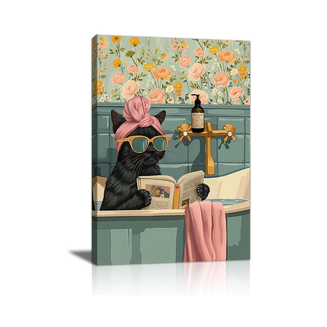 Funny Black Cat Bathroom Canvas Wall Art Cute Cat Reading Print Poster Animal Bathtub Painting Picture For Bathroom Toilet Kids Room Cat Lovers Restro