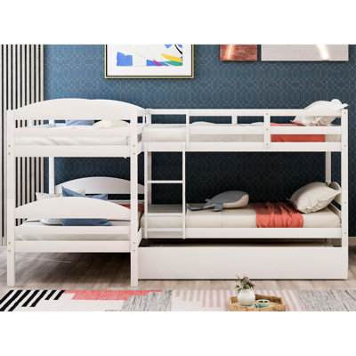 Lit simple superposé en forme de L avec lit gigogne - blanc, solution pour chambre à coucher, pouvant accueillir plusieurs personnes en blanc. Fabrication en bois massif. Polyvalent pour le divertissement familial. 6 ans et plus. Pas de boîte à ressorts.