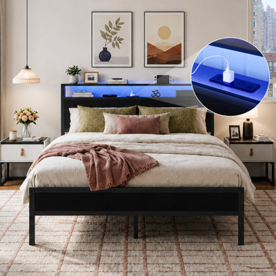 Metal Platform Bed with 2-Tier Storage Headboard, Bed Frame with LED Lights and Charging Station