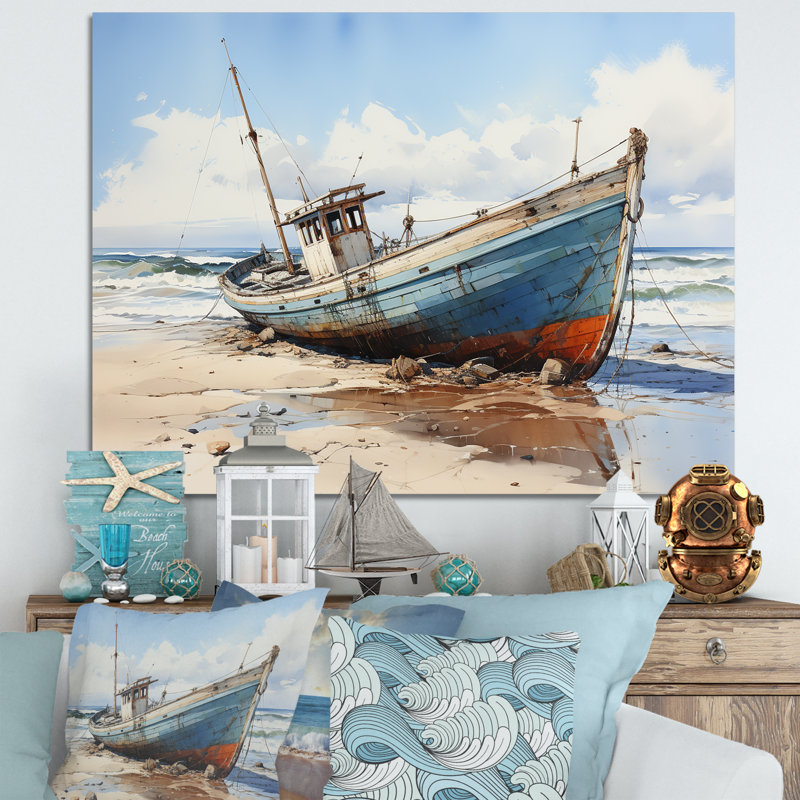 Bateau de pêche à la plage - impression, Toile tendue, H 16 po x l 32 po x P 1 po