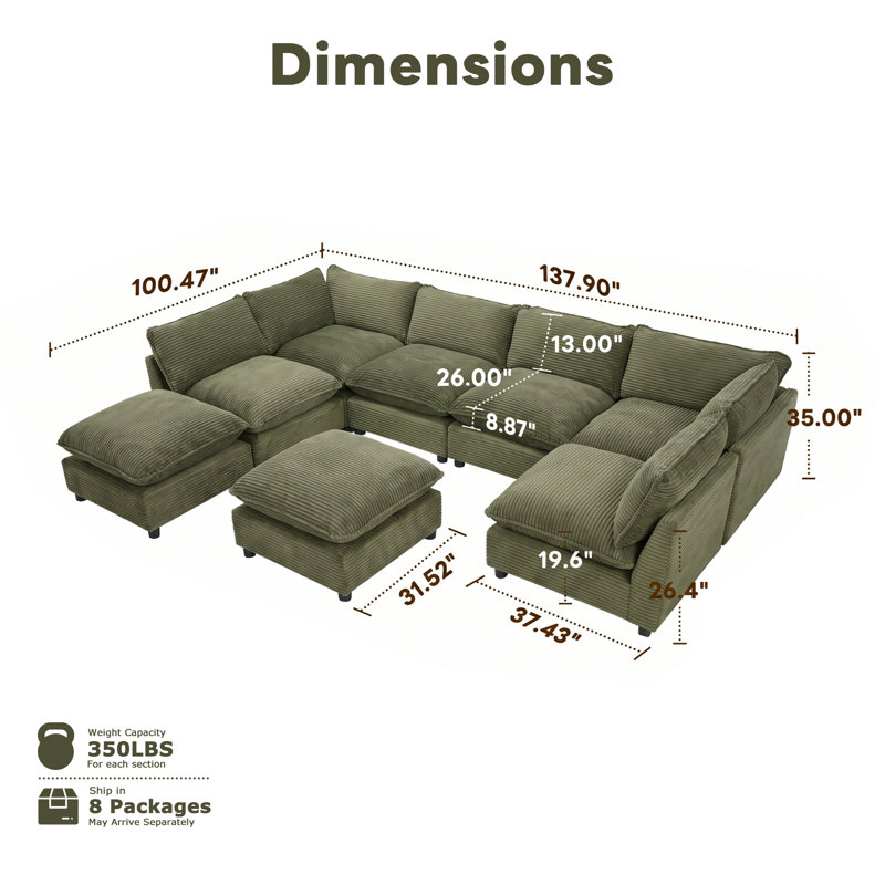 Canapé modulaire surdimensionné à 8 places Annamaria, Green Corduroy