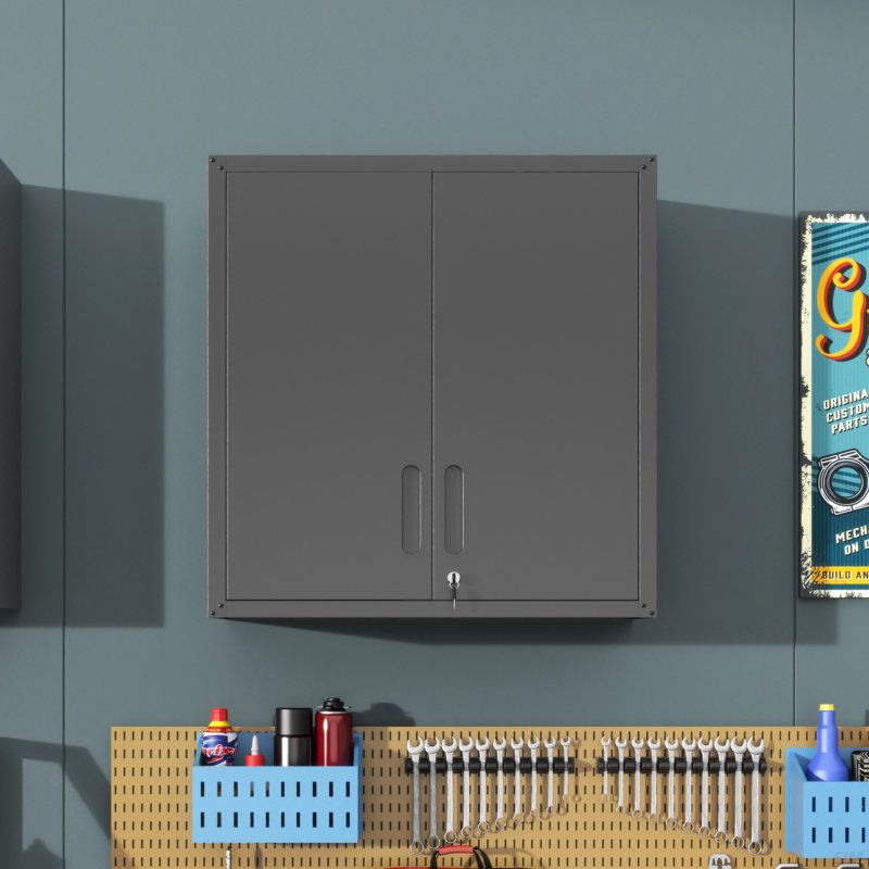 Armoire de rangement murale en métal avec porte verrouillable 1 tablette réglable 1 tiroir ouvert pour garage, entrepôt, assemblage requis (armoire)