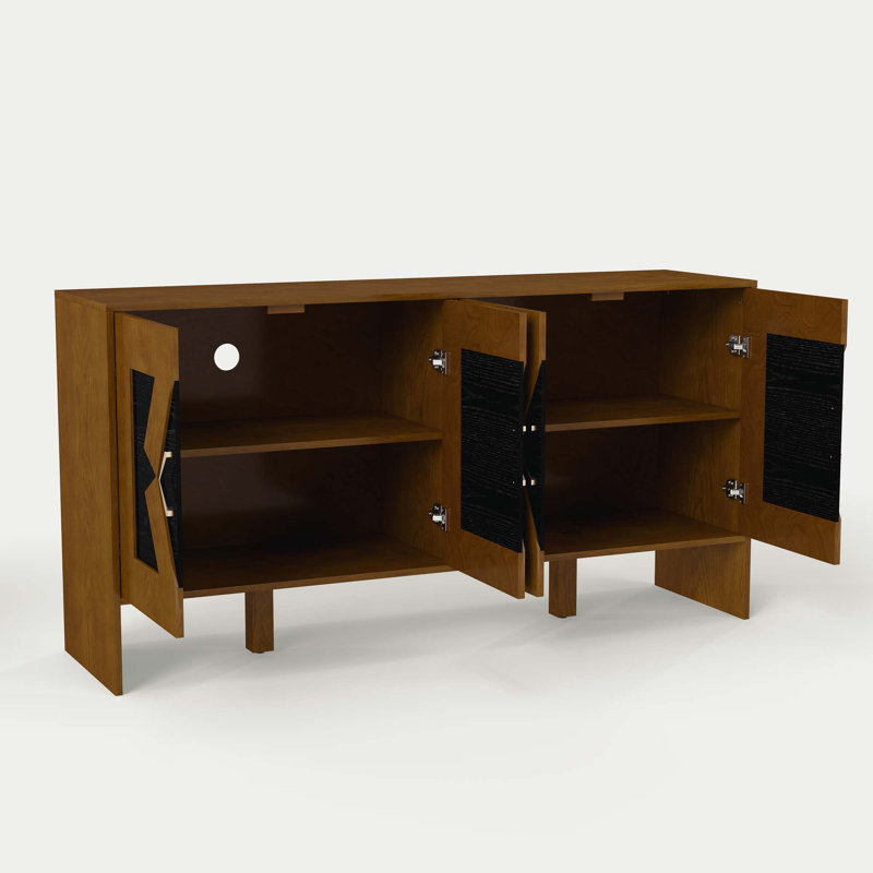 Buffet 60 po Mid-Century moderne avec rangement et tablettes réglables, Noyer brun