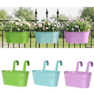 3 Pcs Metal Hanging Flower Pots for Railing Fence Outdoor Planter 10.5 Inch Hanging Bucket Pots Countryside Window Flower Plant Holder with Detachable Hooks & Drain Holes for Garden Yard Home Decor
