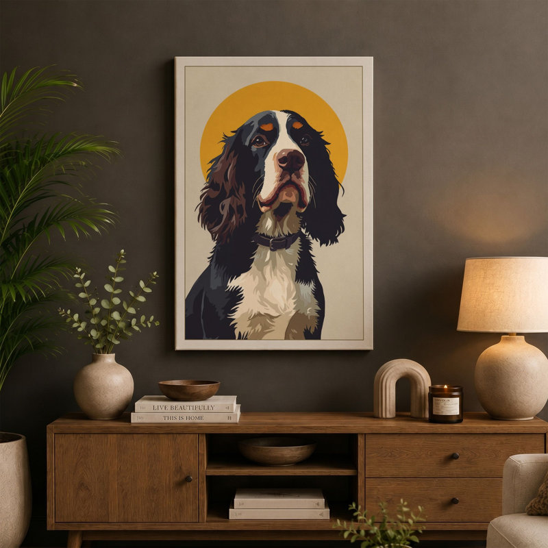 King Charles Spaniel Modern - Wrapped Canvas, 36x24 - 91.4 x 61.0 cm, Teal Border
