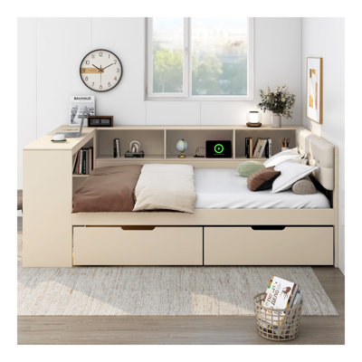 Lit plateforme double en bois avec tablettes de rangement, tiroirs, station de charge et tête de lit tapissier, crème