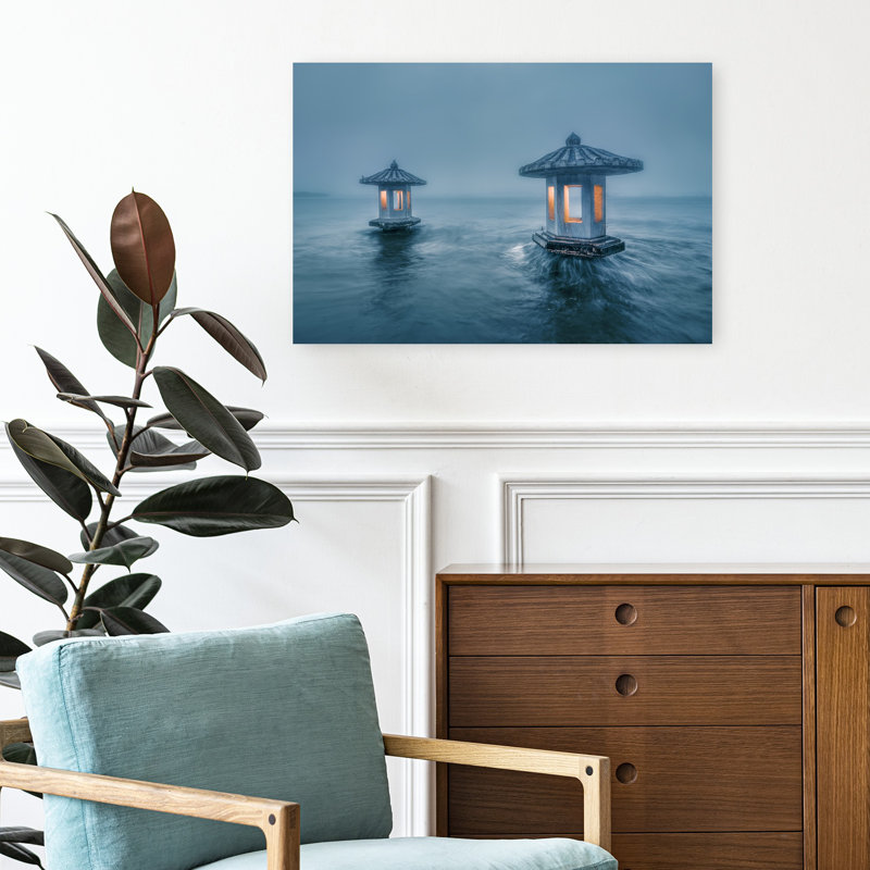 «Misty Lake Lanterns Ethereal Mystical Peaceful Landscape Nature», art mural, H 16 po x l 24 po