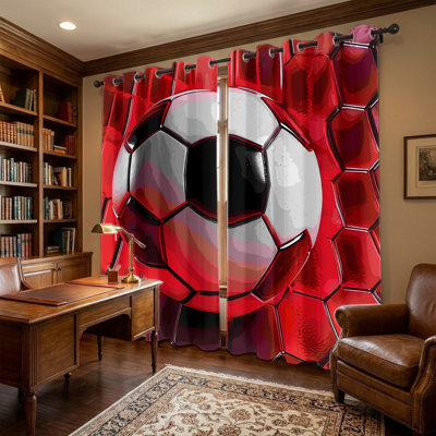 2 pièces de rideaux rouges avec motif de ballon de soccer, rideaux de fenêtre à thème sportif, panneaux à œillets imprimés avec jeu de balle dynamique, décoration intérieure pour le salon de la chambre à coucher