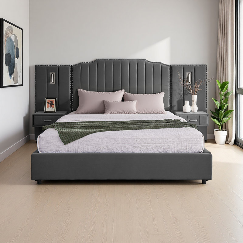 Structure de lit tapissier avec tissu en velours, Gris, Grand lit