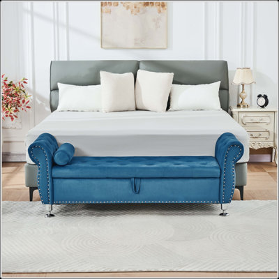 Banc de rangement en velours doux avec boutons en cristal et coussin - bleu