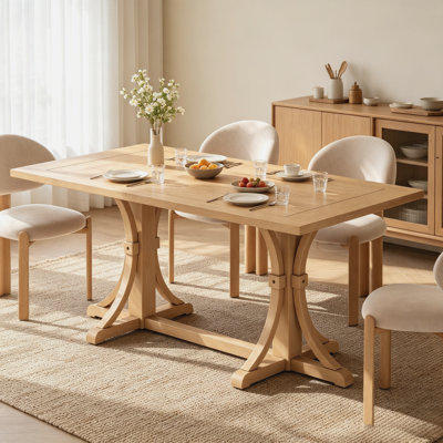 Rustic Farmhouse Solid Wood Dining Table for 6, Kitchen Dining Room Table with Trestle Base and Curved Legs, Natural Wood Wash