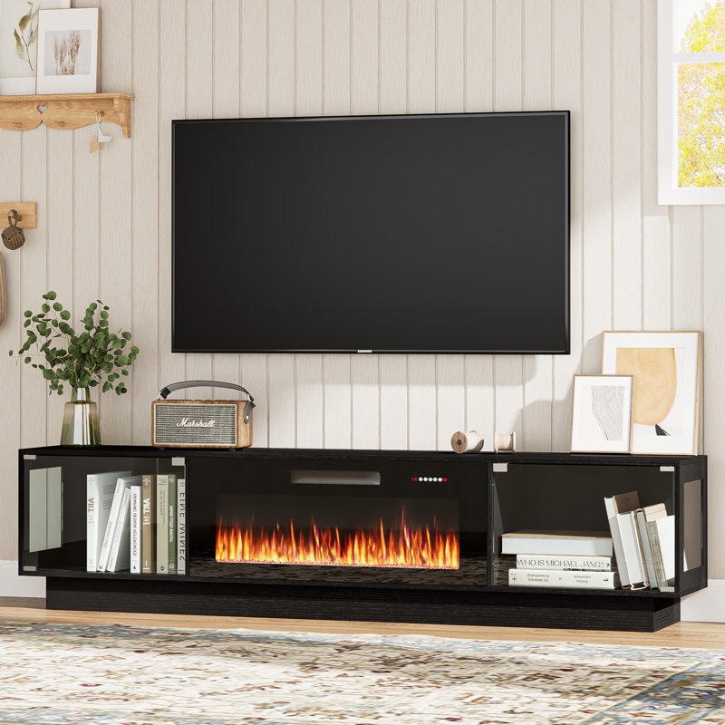 80" Tv Stand With 36" Inch Electric Fireplace Up To 90" Tvs, Led Light Entertainment Center With Two Large-capacity Glass Cabinets