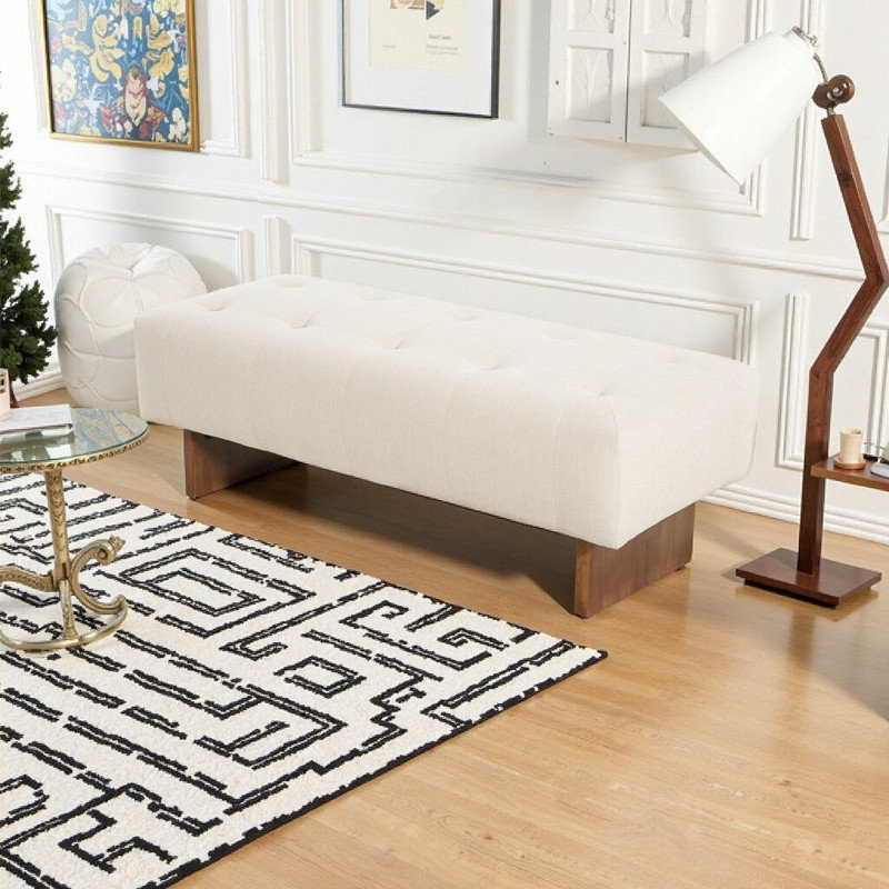 Rectangular Tufted Linen Fabric Ottoman Bench