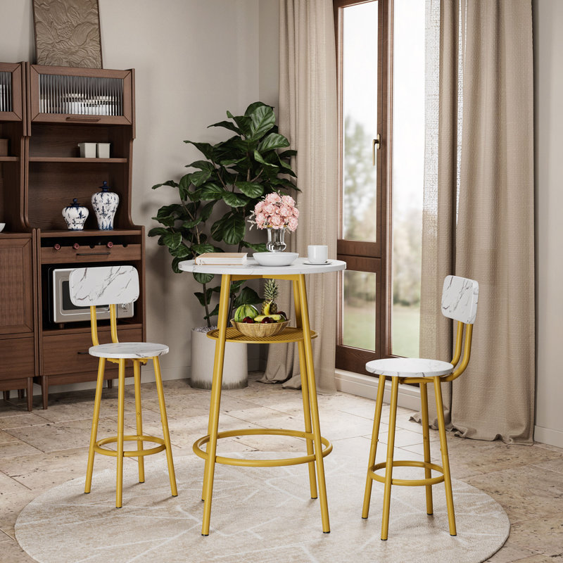 Ensemble 3 pièces de table et chaises avec 2 tabourets et table de salle à manger, Blanc / Doré