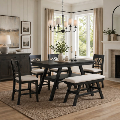 Ensemble de table de salle à manger 6 pièces à hauteur de comptoir en bois avec tablette de rangement, ensemble de table de cuisine avec banc et 4 chaises, style rustique, espresso + coussin beige
