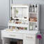 Bureau de coiffeuse avec lumières à miroir DEL et station de charge de prise de courant, coiffeuse à maquillage avec 3 tiroirs, 7 tablettes et tabouret de rangement, pour filles et femmes