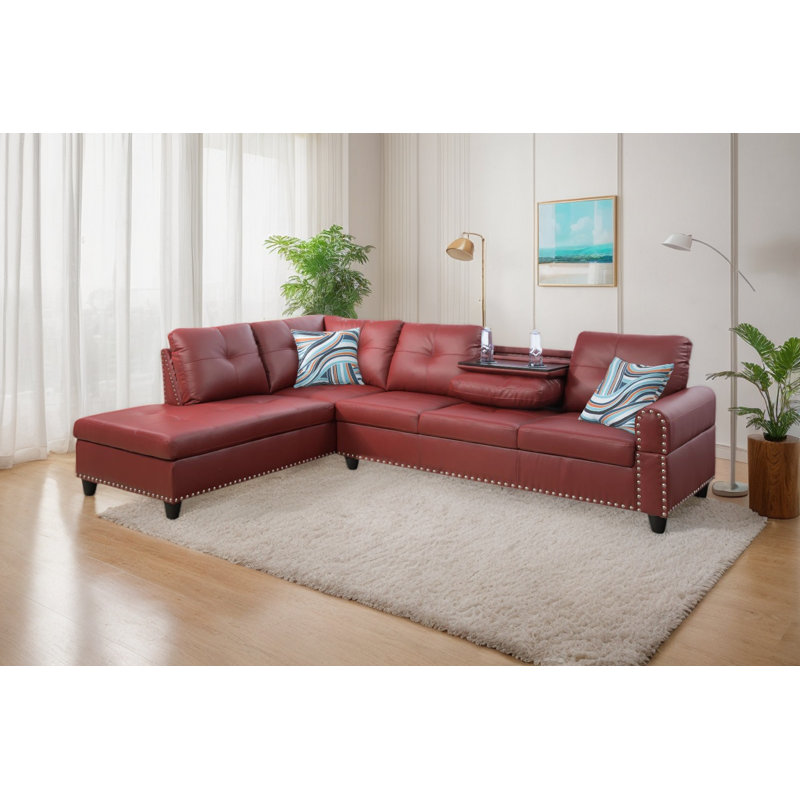 Naranja 2 - Piece 97" Vegan Leather Sectional With Drop down Table and Cupholders, Left Hand Facing, Red Faux Leather