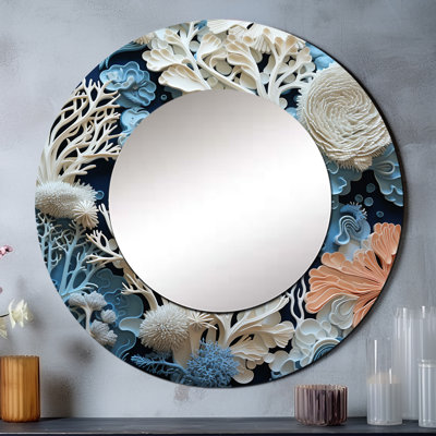 Under Water Blue And White Corals Collage I - Coastal Round Mirror Wall Decor_MTMIR108661