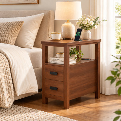Table d'appoint en noyer avec 2 tiroirs, station de recharge, tablette ouverte et ports USB