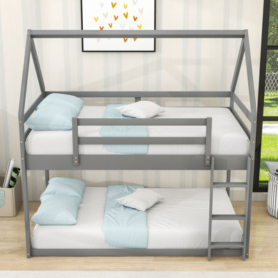 Twin Over Twin Wood Low Bunk Bed With Ladder And Guardrails, House-Shaped Design