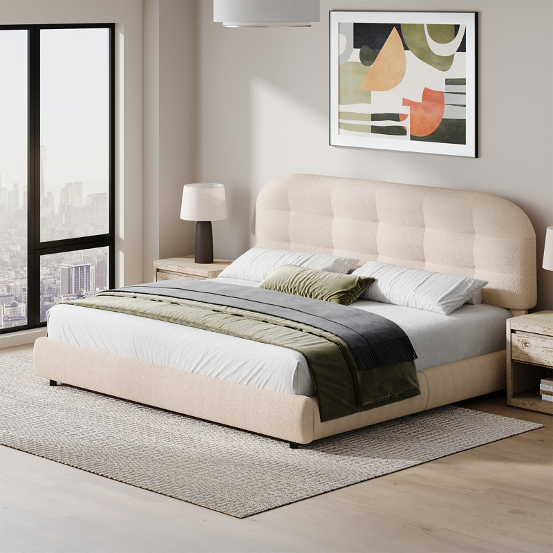 Hayden Boucle Upholstered Platform Bed with Headboard, Cloud Bed Frame, Soft Rounded Corners, Full, Cream