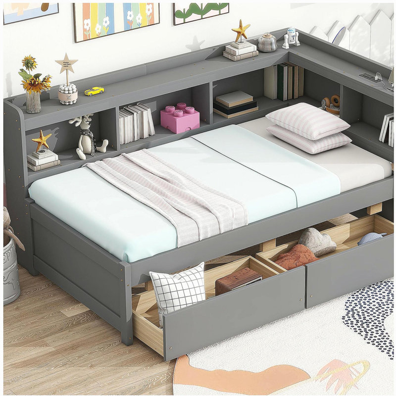 Lit superposé en forme de L avec prises de courant, ports de chargement USB et deux tiroirs, Gris, Lit simple