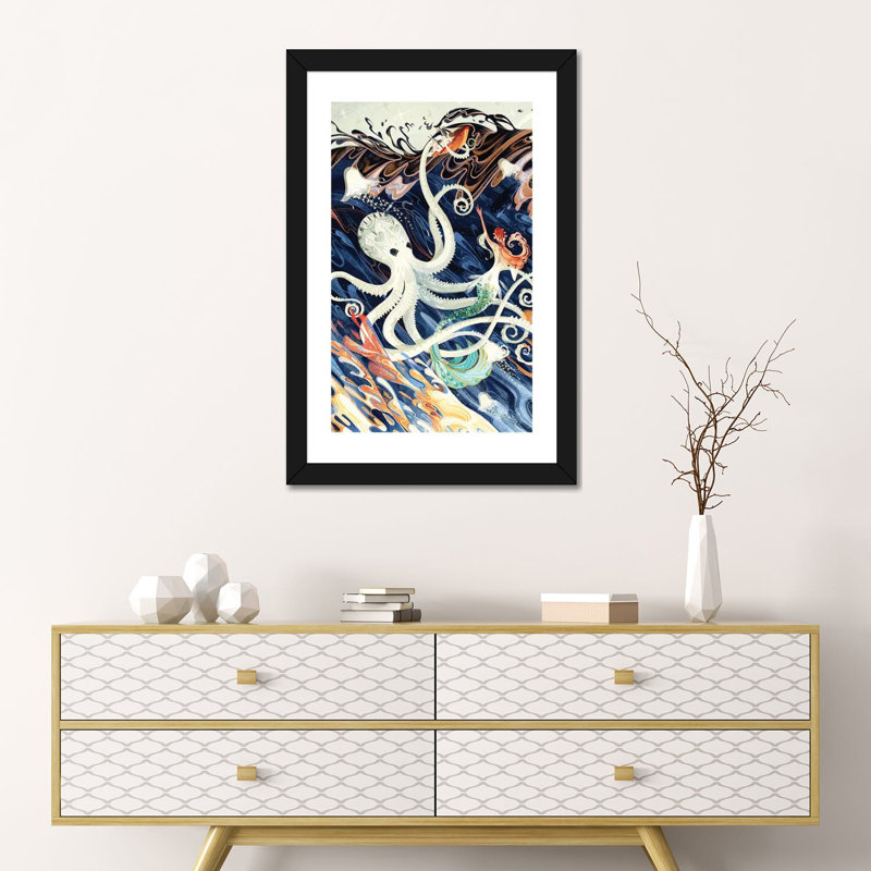 «Little Mermaid» par Sija Hong - reproduction d'art, H 24 po x l 16 po x P 1 po, Papier encadré noir, Blanc