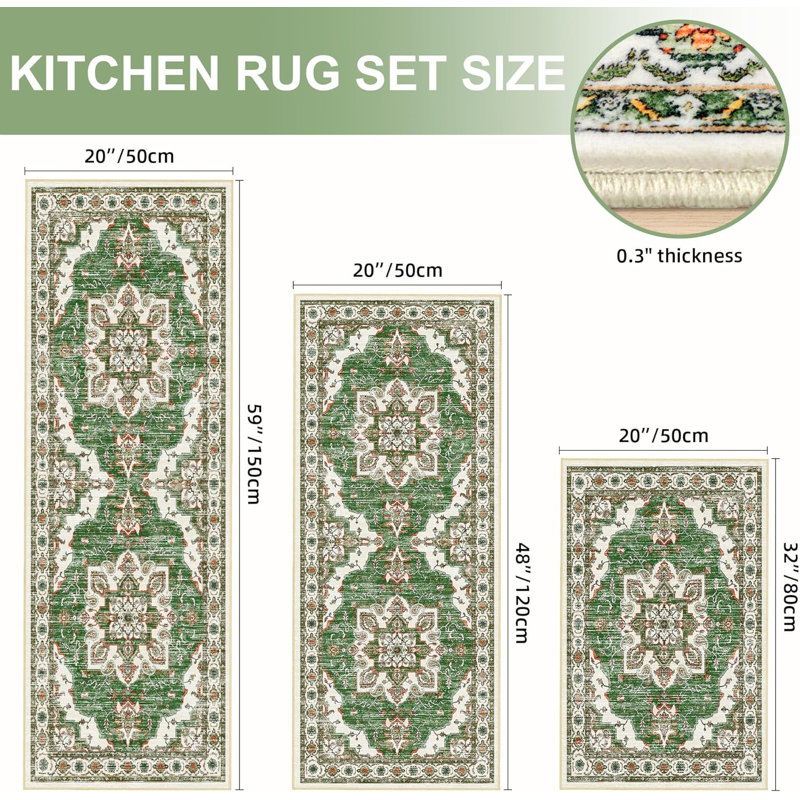 Ensemble de 3 tapis de cuisine lavables antidérapants, Vert