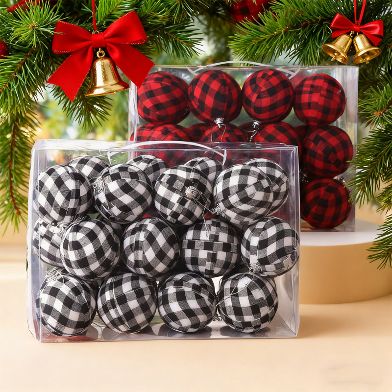 48 pièces de boules décoratives en tissu à carreaux Buffalo - 2,76 pouces de tissu suspendus avec des boucles pour arbre de Noël, maison, fête, décoration de mariage, décorations de fête, décorations des Fêtes
