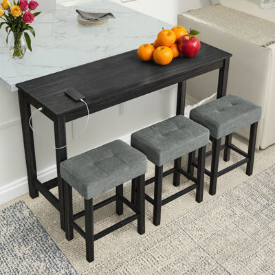 59 Inch Bar Table/ Dining Table/ Sofa Table With Power Outlet/ 3 Upholstered Stools/ 4 Piece Bar Table And Chair Set For Living Room/ Dining Room/ Kitchen
