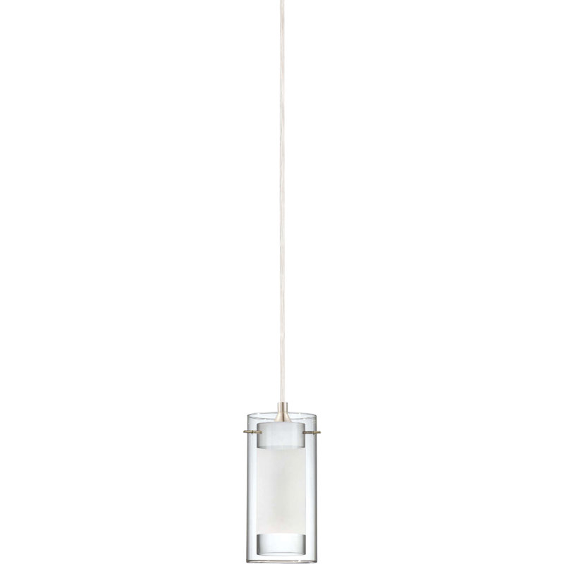 Mini-luminaire suspendu intérieur en nickel brossé 1 lumière Esprit avec cylindre en verre transparent (abat-jour extérieur) et cylindre en verre blanc givré sablé avec bords en verre transparent (abat-jour intérieur)