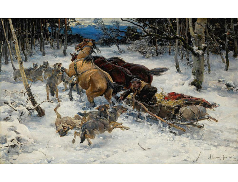 «A Sledge Under Attack by Wolves» par Alfred Von Wierusz-Kowalski - Art mural sur toile tendue avec châssis