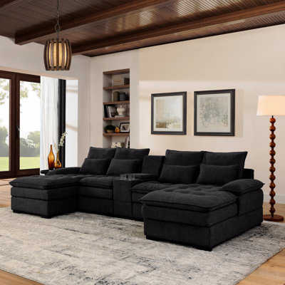 130” U-Shaped Sofa with Console & Cupholders – 4-Seat Upholstered Sleeper Couch Set, Black
