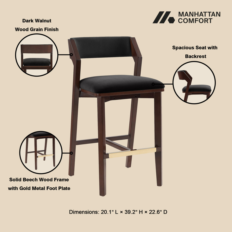 Patricia Modern Velvet Upholstered Bar Stool with Beech Wood Frame in Black, Black, Bar Stool (28.9" Seat Height)