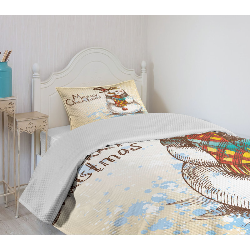 Twin White Polyester Snowman Bedspread Set for Kids