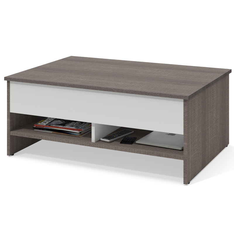 Table basse de style traîneau à plateau relevable avec rangement Jonesborough, Gris écorce / blanc