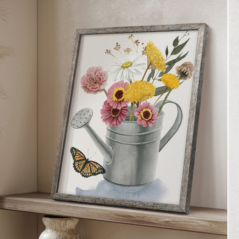 «Watering Can Bouquet I», reproduction encadrée - bois massif, H 15 po x l 12 po