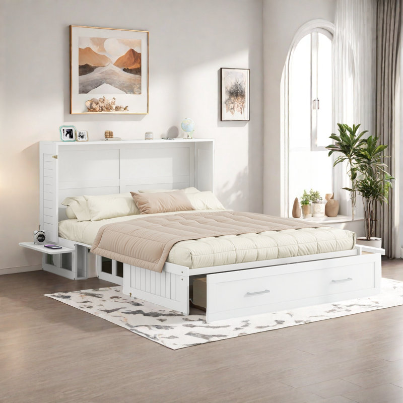 Mobile Murphy Bed With A Big Drawer And Little Shelves On Each Side