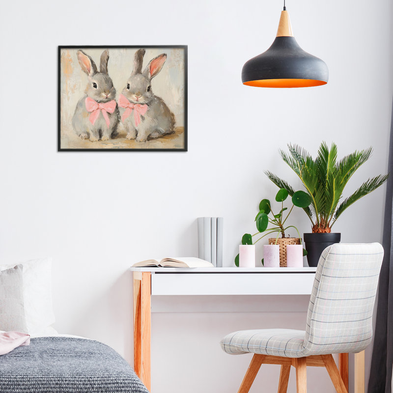 Bunnies in Pink Bows, giclée encadrée, design par Petal Prints Design, H 11 po x l 14 po, Giclée encadrée noir minuit