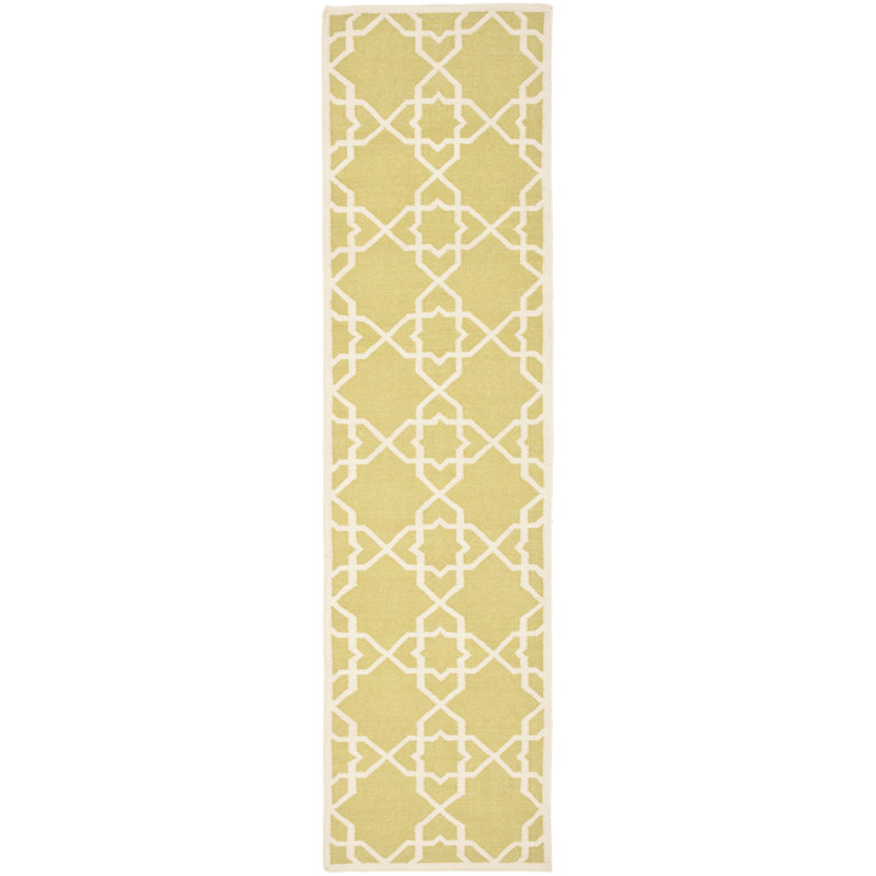 Moonsu Hand Woven Flat Weave Wool/Cotton Geometric Rug in Olive/ivory, Runner 2'6" x 8'